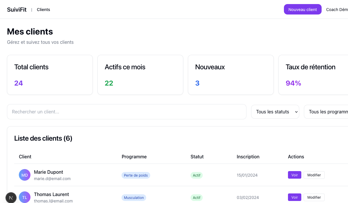 Gestion clients SuiviFit - CRM pour coachs sportifs
