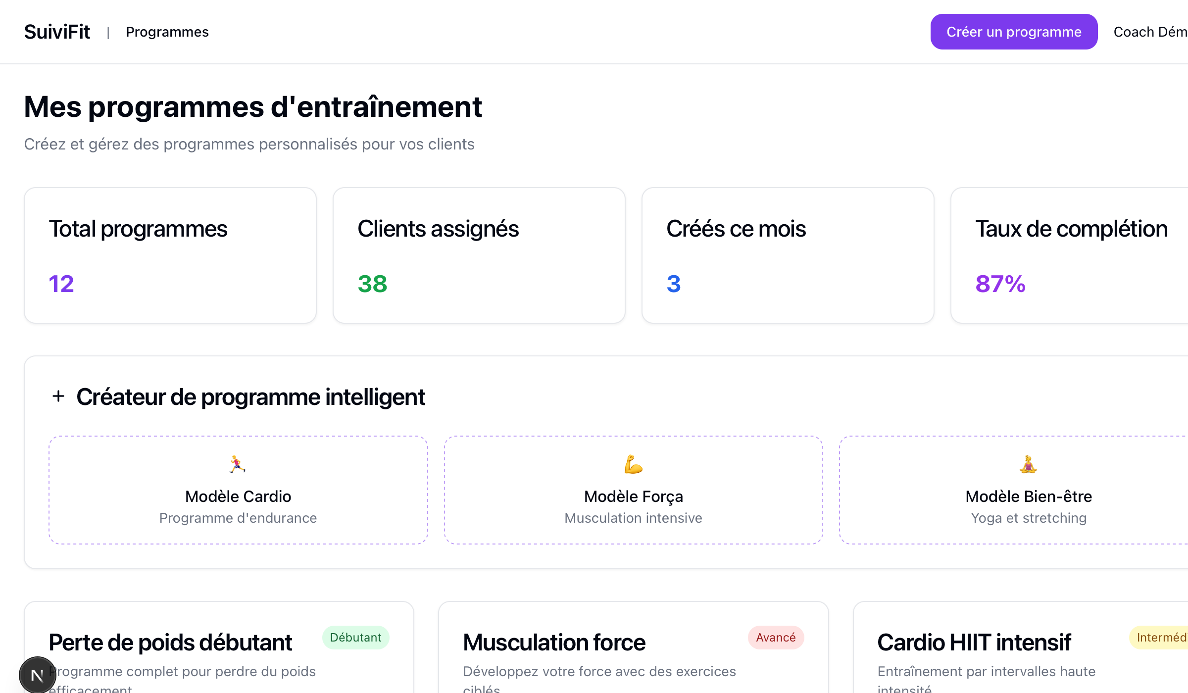 Créateur programmes SuiviFit - Builder pour coachs fitness