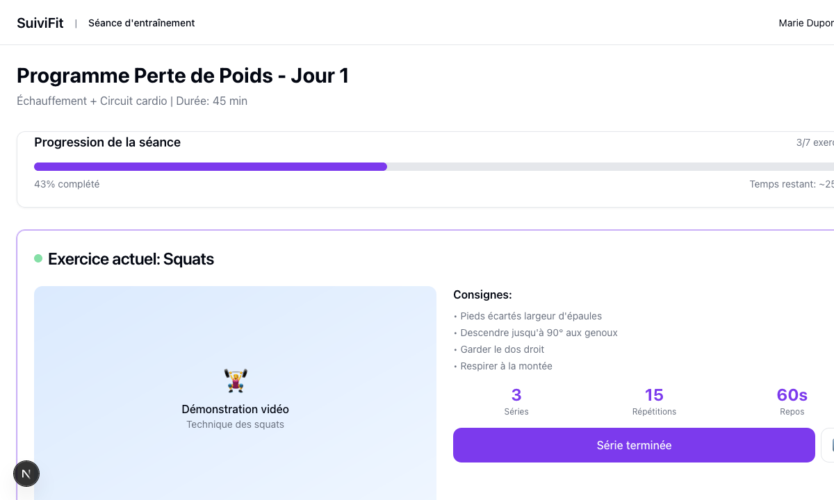 Interface entraînement SuiviFit - Application coaching sportif